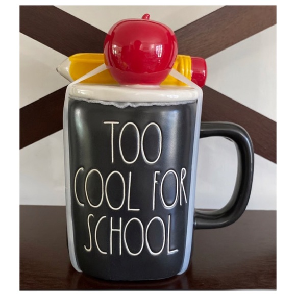 NEW Rae Dunn Too Cool For School Black Mug Apple Pencil Lid Cover 🍎 - Picture 1 of 3